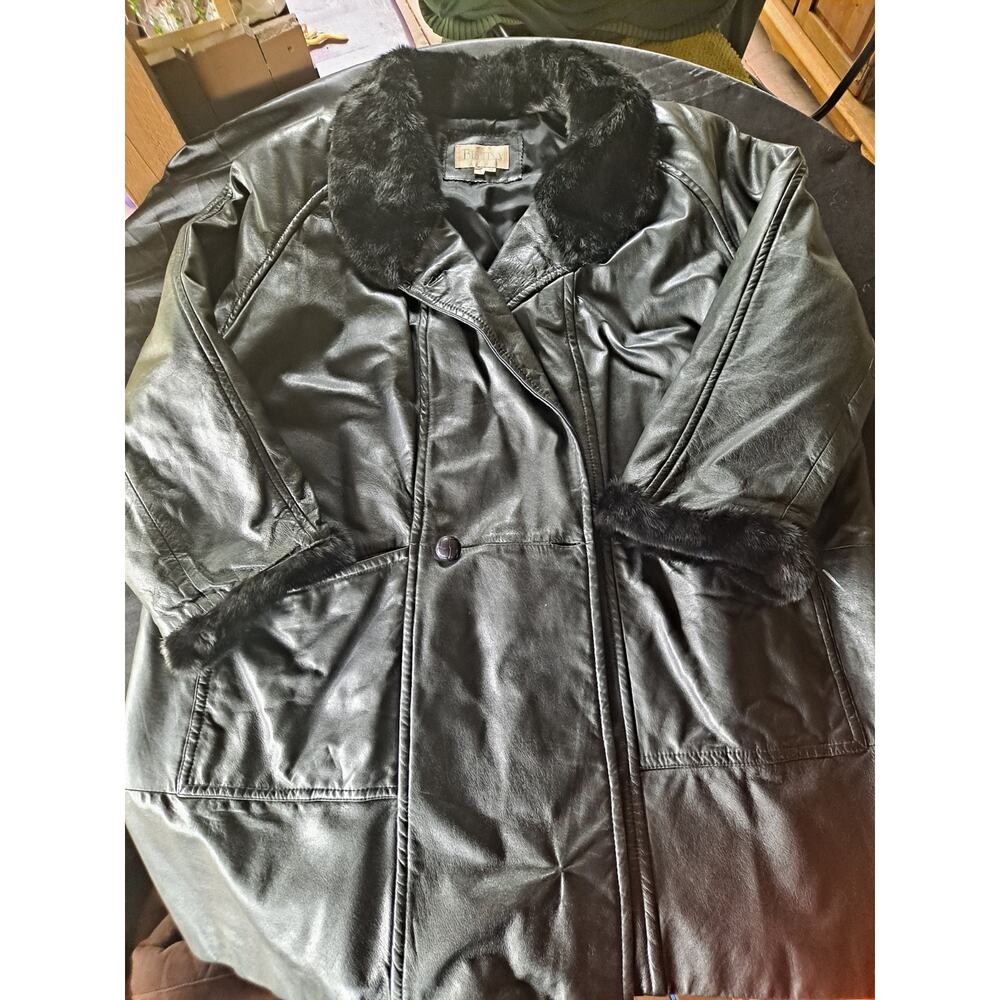 3x BETTINA Vintage Black Leather Full Length Trench Coat w/Fur Trim And Cuffs